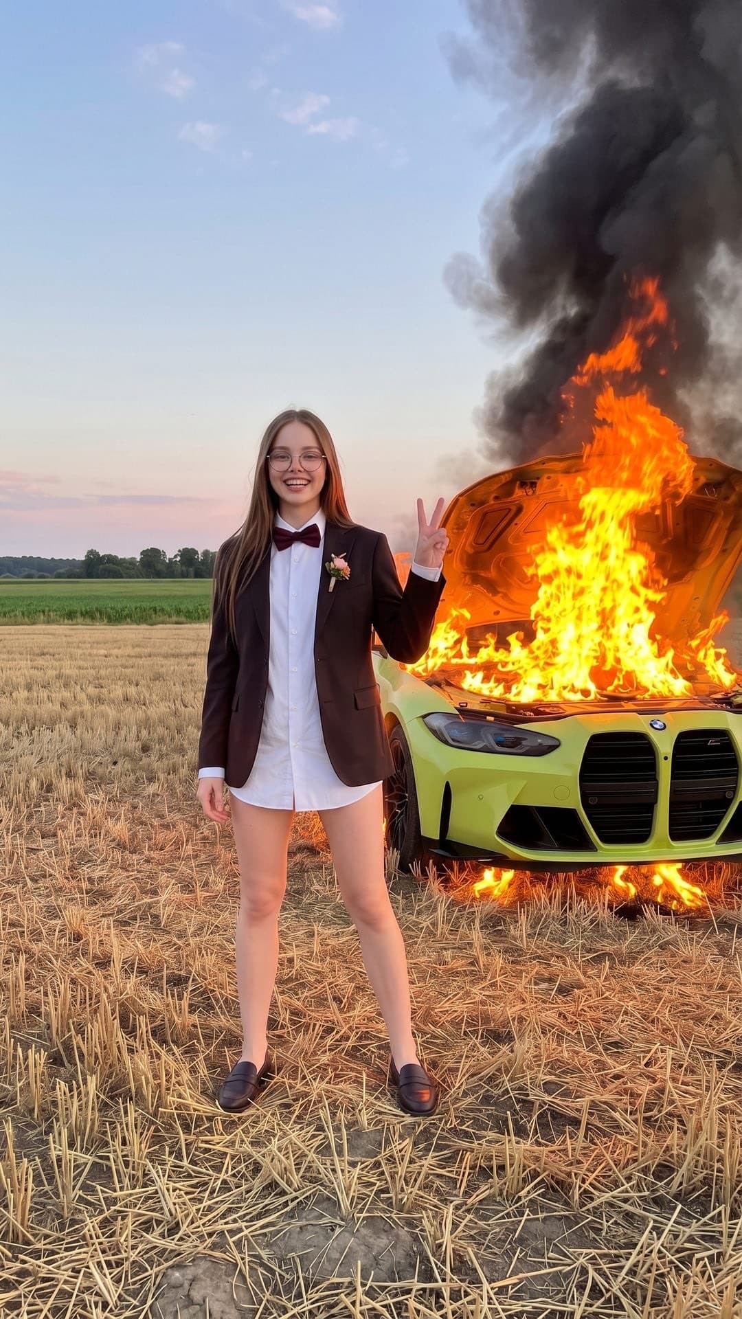Eine junge Frau in Sakko, weißem Hemd und Fliege zeigt auf einem Feld ein Peace-Zeichen vor einem brennenden limettengrünen BMW