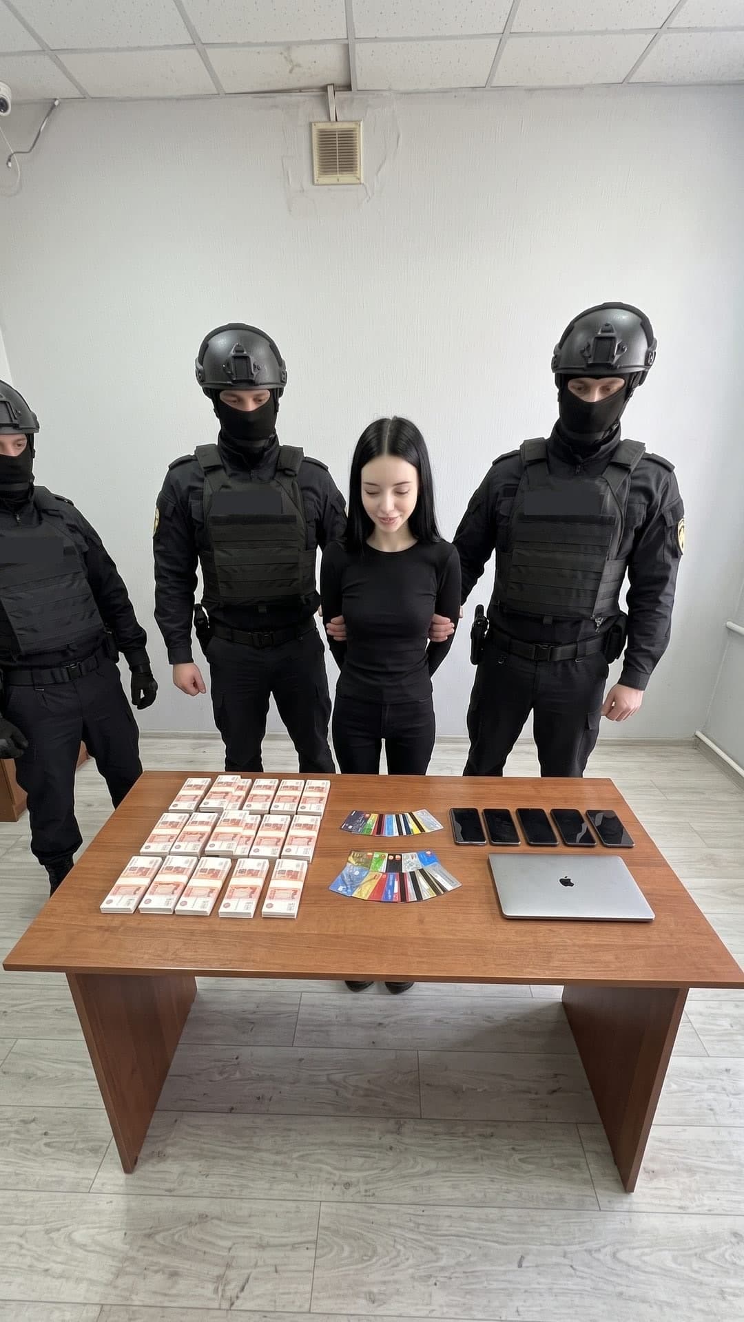 Spaßfoto einer Razzia: eine lächelnde dunkelhaarige Frau in Schwarz, festgehalten von vermummten Beamten in schwarzer Ausrüstung, hinter einem Tisch mit Geldbündeln, Karten und Handys