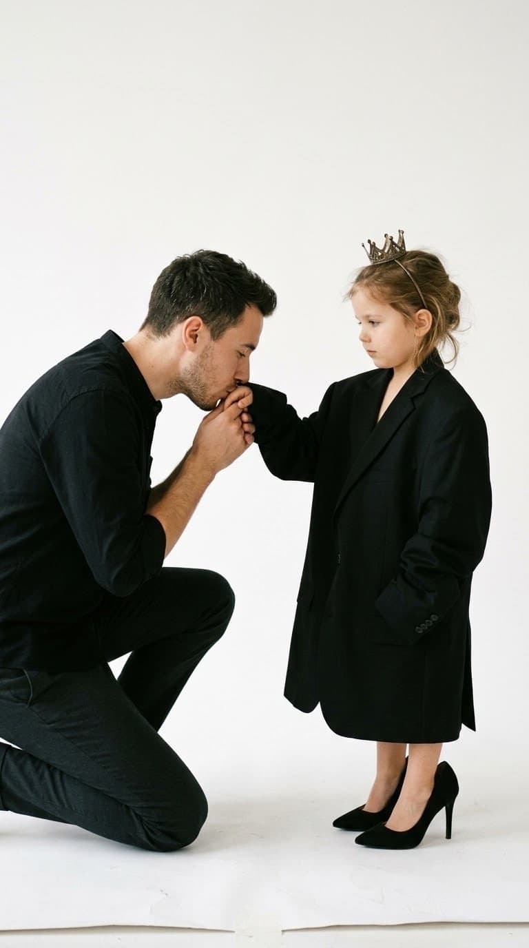 Studiofoto eines Mannes, der kniet, um die Hand eines kleinen Mädchens in übergroßem schwarzem Blazer, schwarzen High Heels und mit kleiner Krone zu küssen