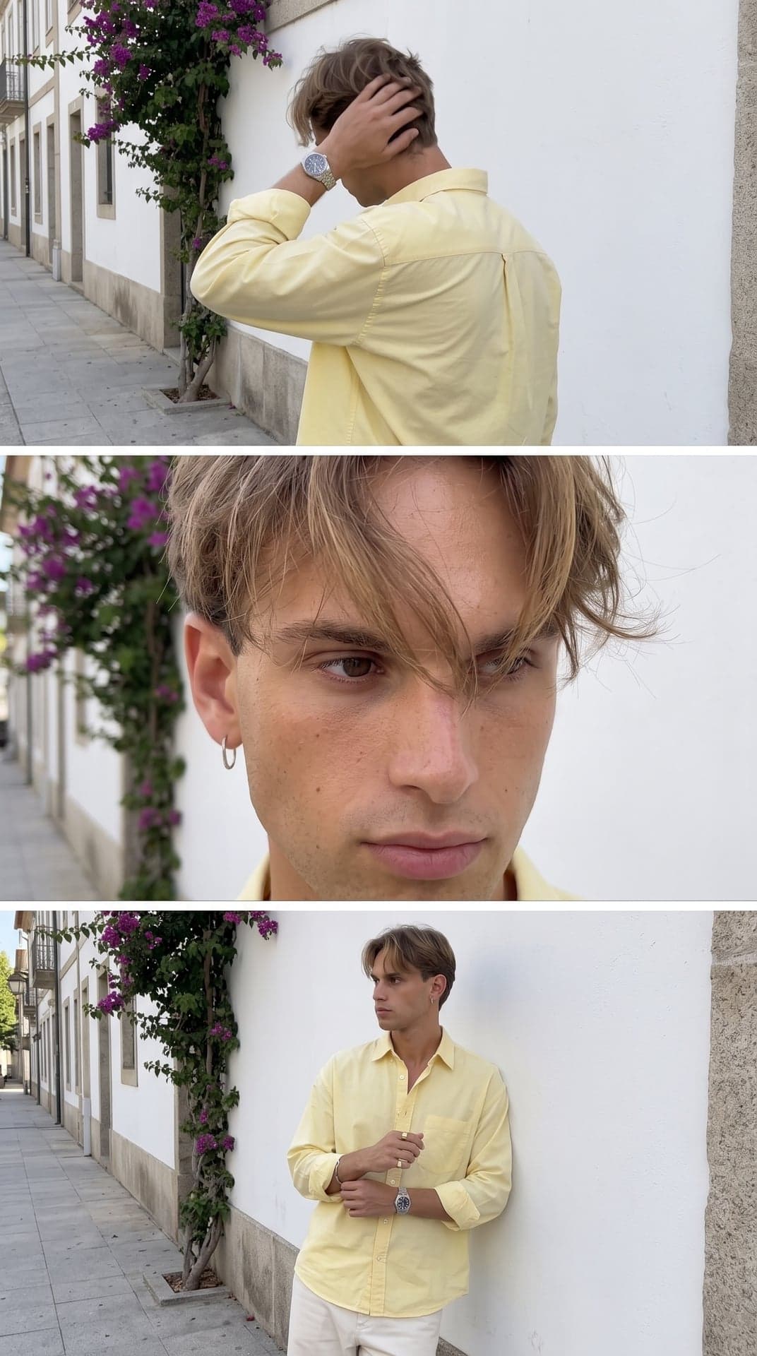 Drei übereinander angeordnete spontane Handyfotos eines jungen Mannes mit hellbraunen Curtain Bangs im pastellgelben Hemd an einer weißen Wand mit magentafarbener Bougainvillea: eine Hand im Haar, während er sich abwendet, eine Nahaufnahme mit Haaren über einem Auge, an die Wand gelehnt, während er seine Manschette richtet