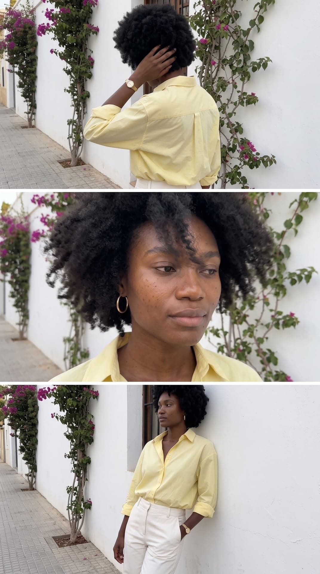 Drei übereinander angeordnete spontane Handyfotos einer jungen Frau mit natürlichem Afro und goldenen Creolen in pastellgelbem Hemd und cremeweißer Hose an einer weißen Wand mit magentafarbener Bougainvillea: eine Hand im Haar, eine Nahaufnahme mit Blick zur Seite, an die Wand gelehnt
