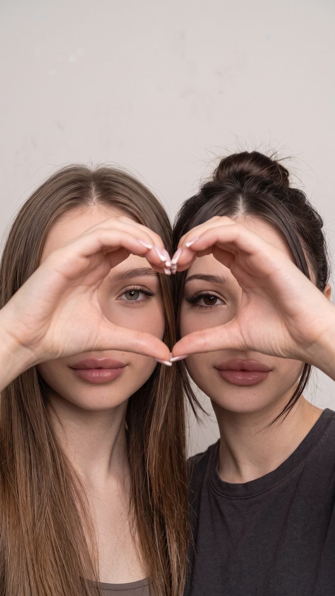 Nahaufnahme zweier junger Frauen Wange an Wange, von jedem Gesicht die Hälfte im Bild, ihre Hände formen ein Herz um ihre Augen
