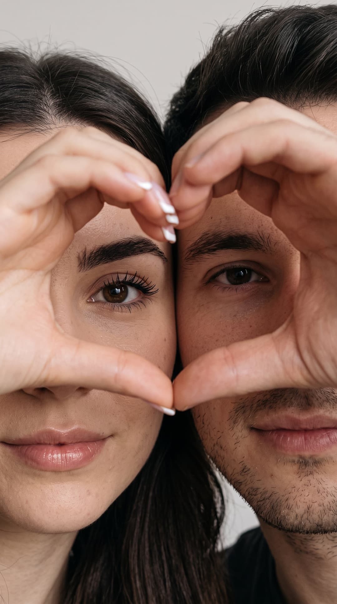 Nahaufnahme einer Frau und eines Mannes Wange an Wange, von jedem Gesicht die Hälfte im Bild, ihre Hände formen ein Herz um ihre Augen