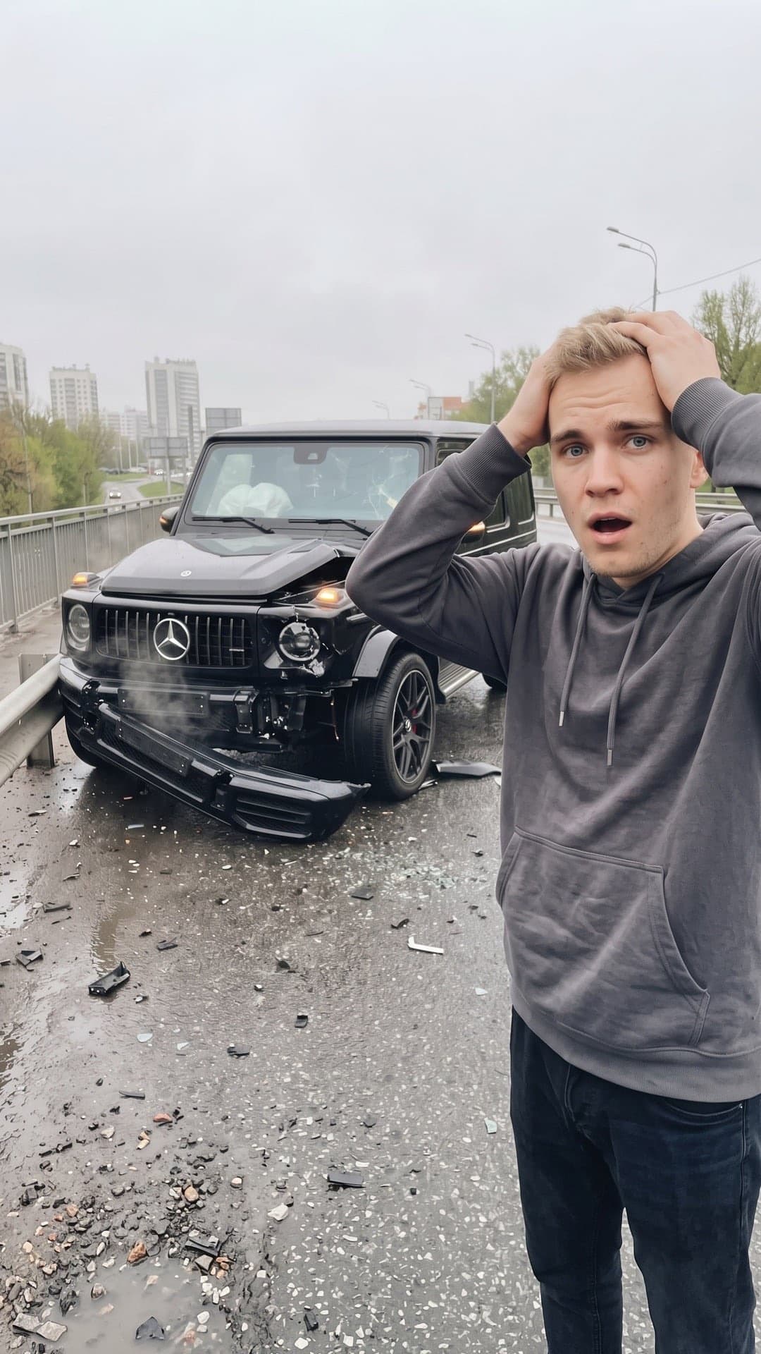 Junger Mann im grauen Hoodie hält sich unter Schock den Kopf neben einer schwarzen Mercedes G-Klasse mit zerknautschter Front auf einer nassen Straße