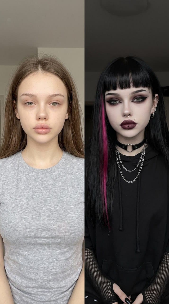 Vorher und nachher: ein schlichtes Selfie und dieselbe junge Frau als Alt Girl mit schwarzen Haaren, pinker Strähne und kräftigem Eyeliner