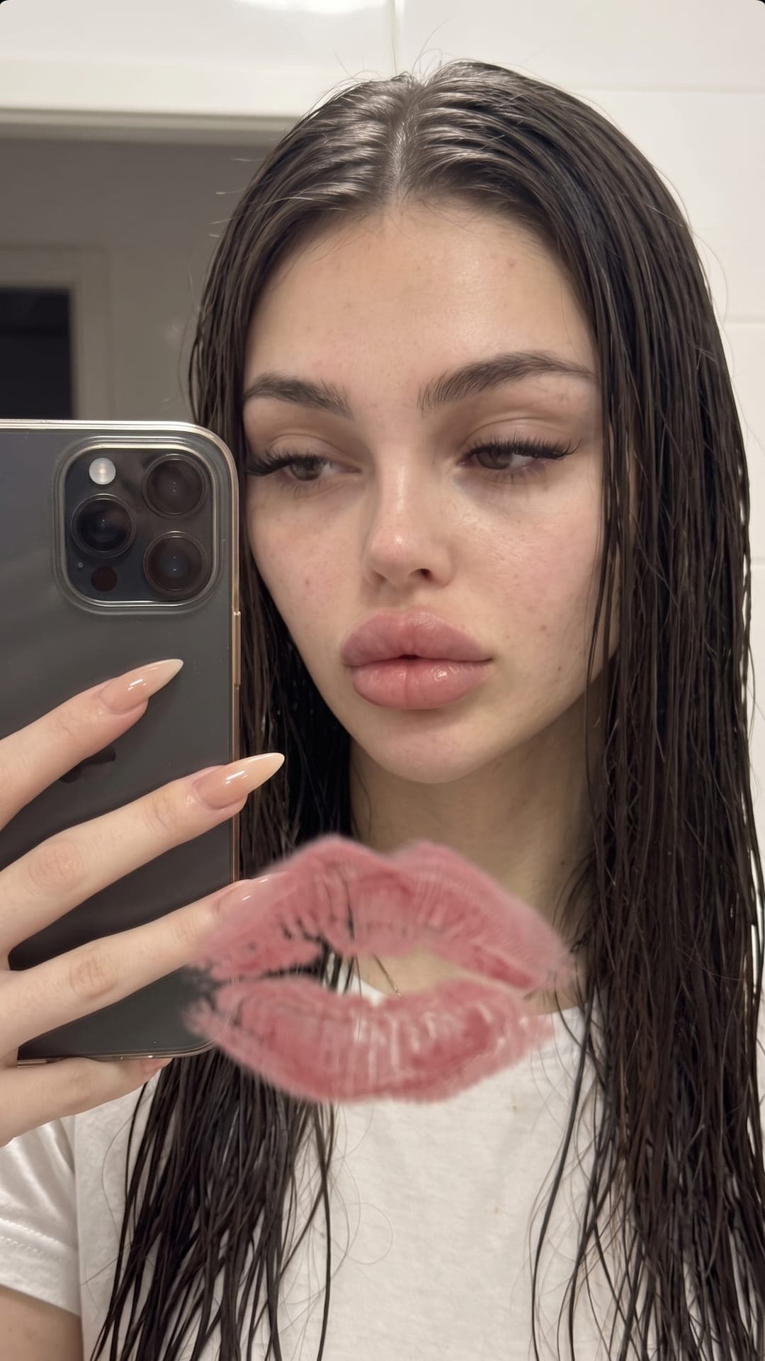 Spiegelselfie einer Frau mit nassen Haaren und iPhone in der Hand, ein rosa Lippenstiftkuss auf dem Glas