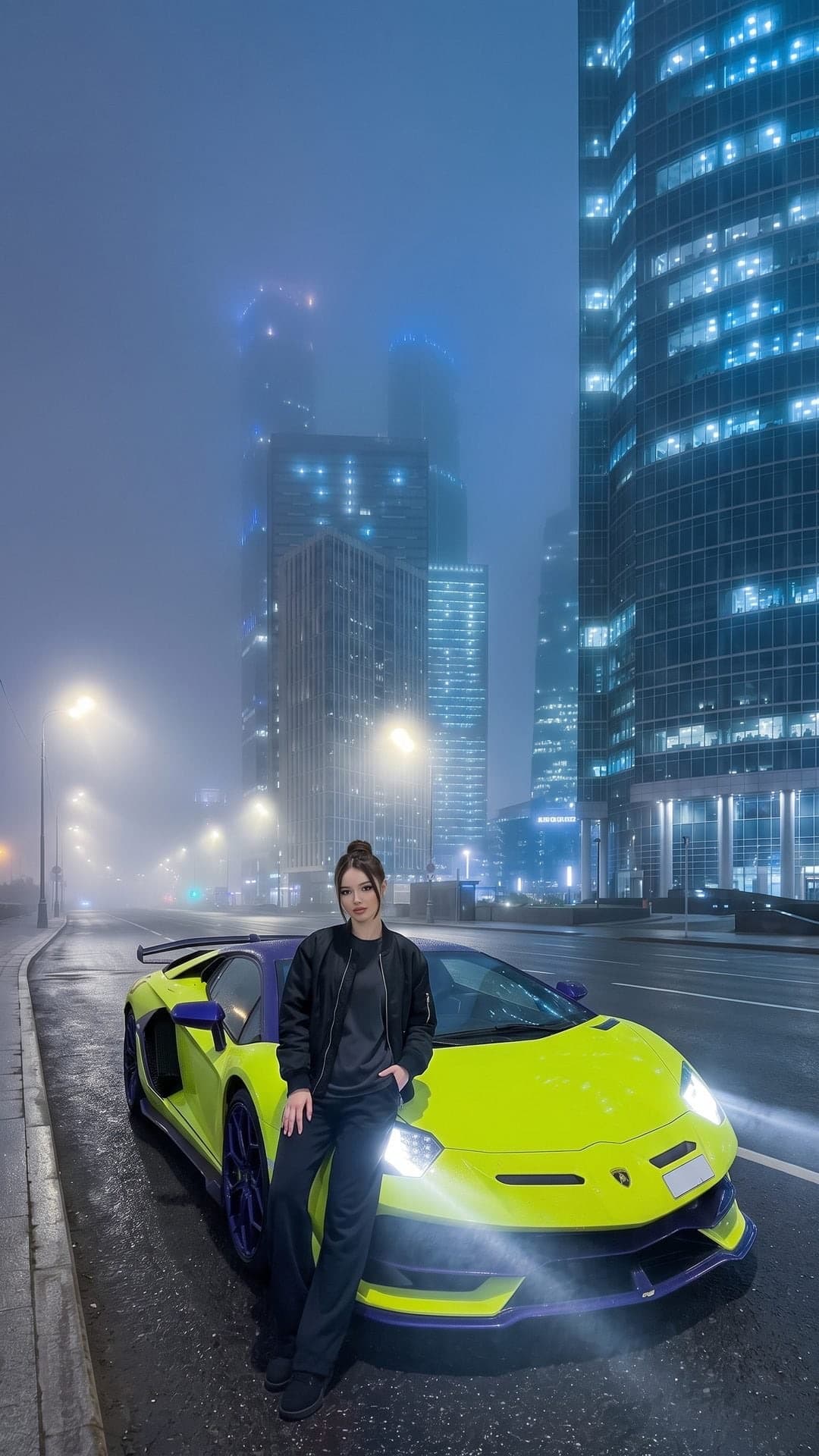 Junge Frau in schwarzer Bomberjacke lehnt nachts an einem neon-limettengrünen Lamborghini, dahinter Glastürme im Nebel