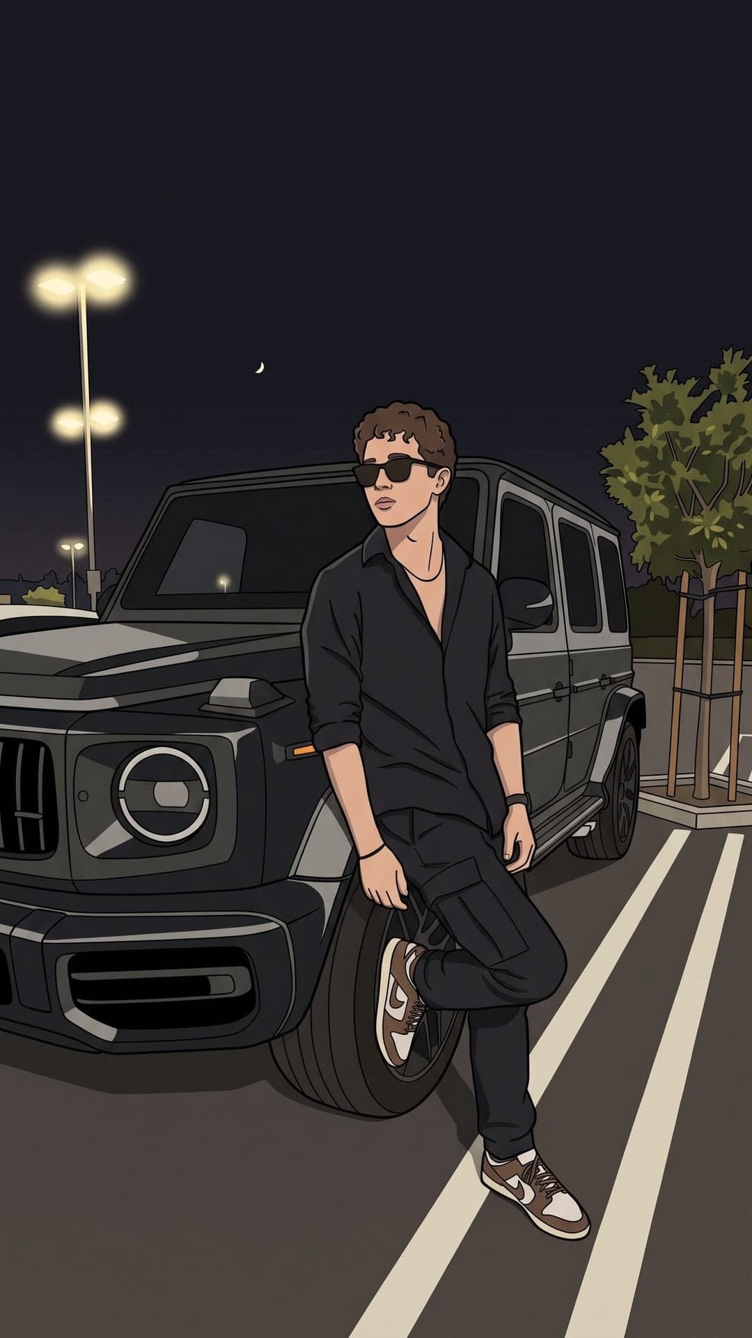 Flache Vektorillustration eines jungen Mannes mit schwarzer Sonnenbrille und schwarzem Hemd, der nachts auf einem Parkplatz an einem dunklen SUV lehnt