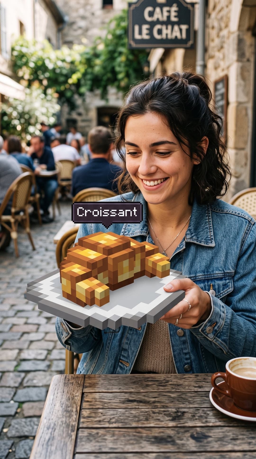 Lächelnde Frau in Jeansjacke in einem Straßencafé hält einen Teller mit einem kantigen Croissant im Minecraft-Stil und einem Tooltip „Croissant“