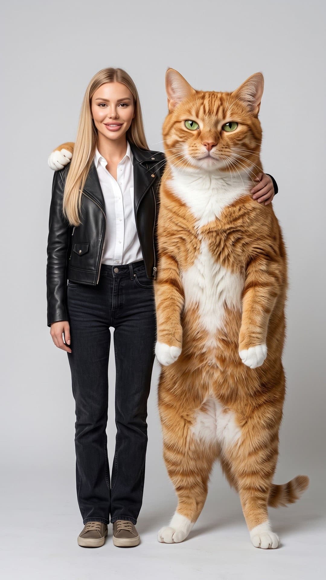 Blonde Frau in Lederjacke steht neben einer riesigen roten Katze auf den Hinterbeinen, deren Pfote auf ihrer Schulter liegt