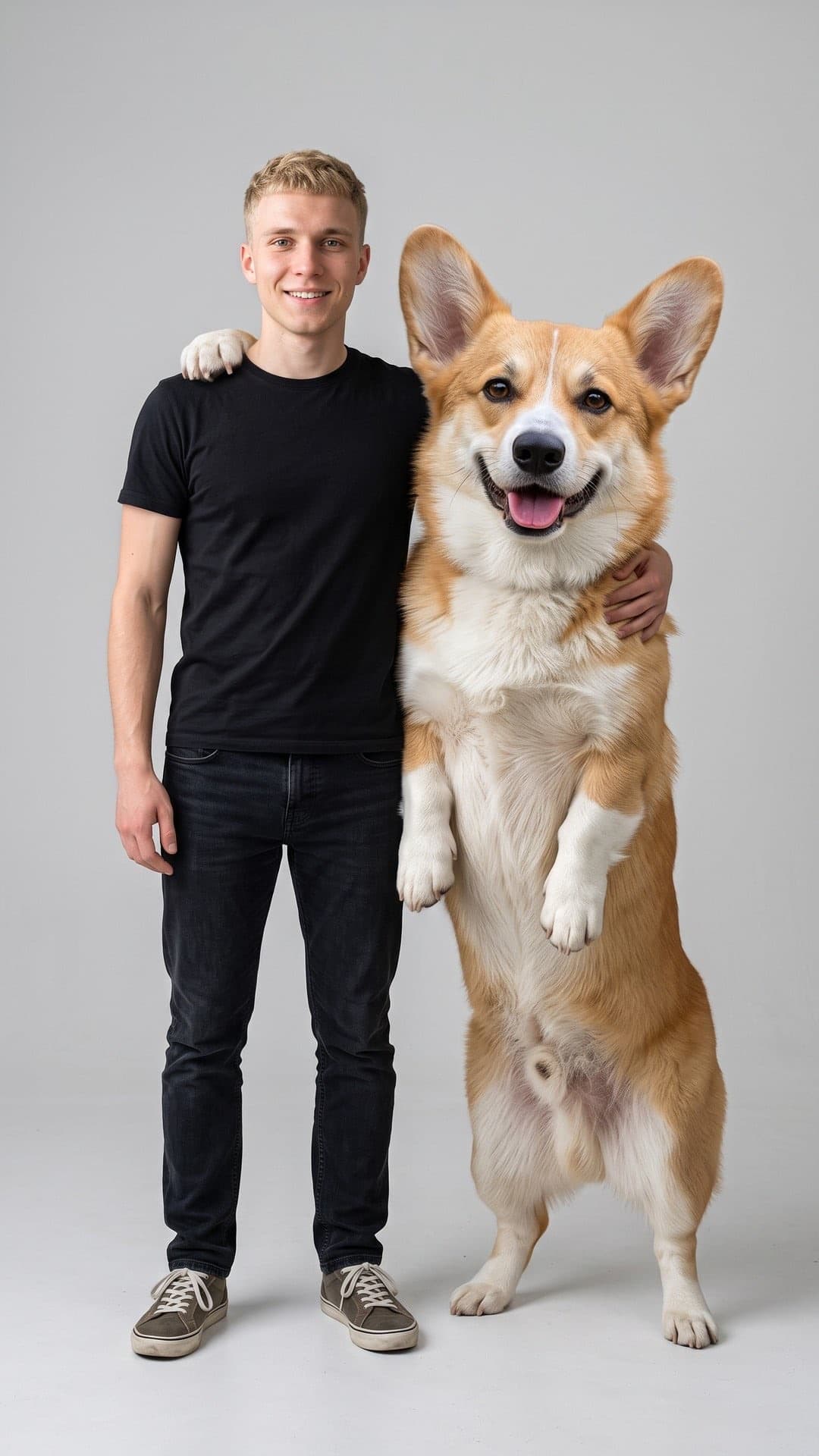 Junger Mann im schwarzen T-Shirt steht neben einem riesigen Corgi auf den Hinterbeinen, dessen Pfote auf seiner Schulter liegt