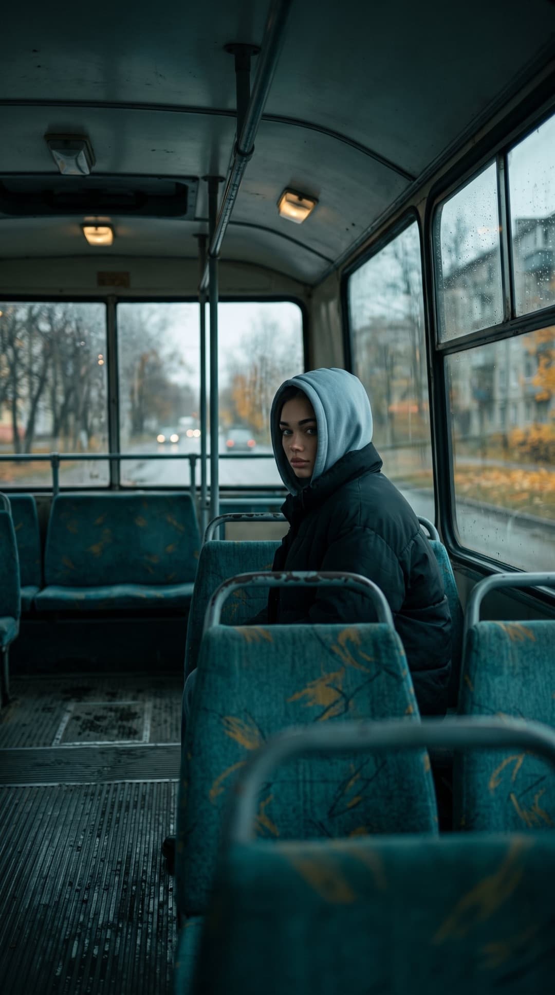 Eine junge Frau mit Kapuze und dunkler Pufferjacke blickt von einem Sitz in einem alten Bus mit türkisen Sitzen zurück, draußen eine Herbststraße