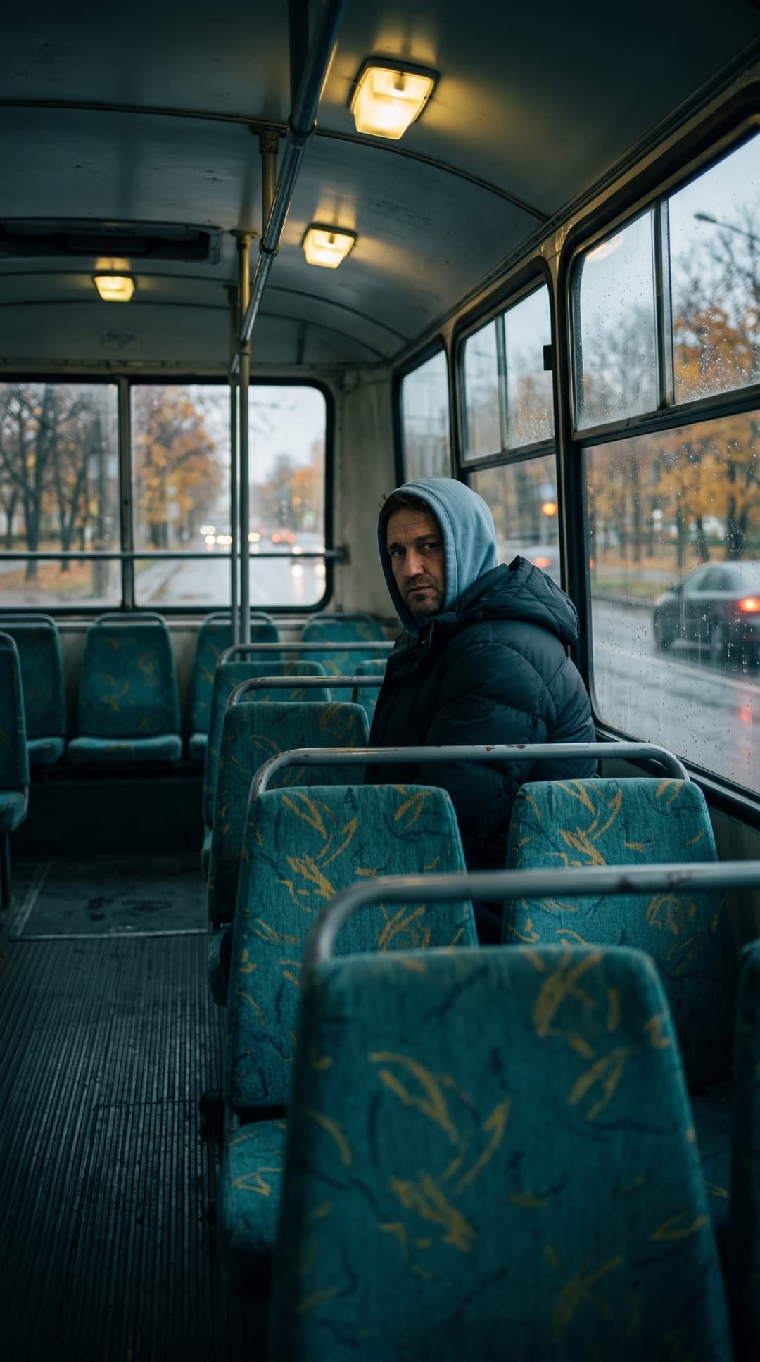 Um jovem de capuz e jaqueta puffer escura olhando para trás de um banco num ônibus antigo com bancos turquesa, numa manhã de outono
