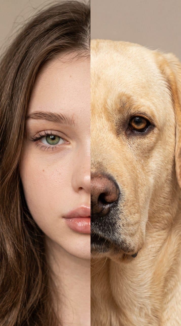 Geteiltes Gesicht: links die Gesichtshälfte einer jungen Frau, rechts die eines gelben Labradors, Auge an Auge ausgerichtet