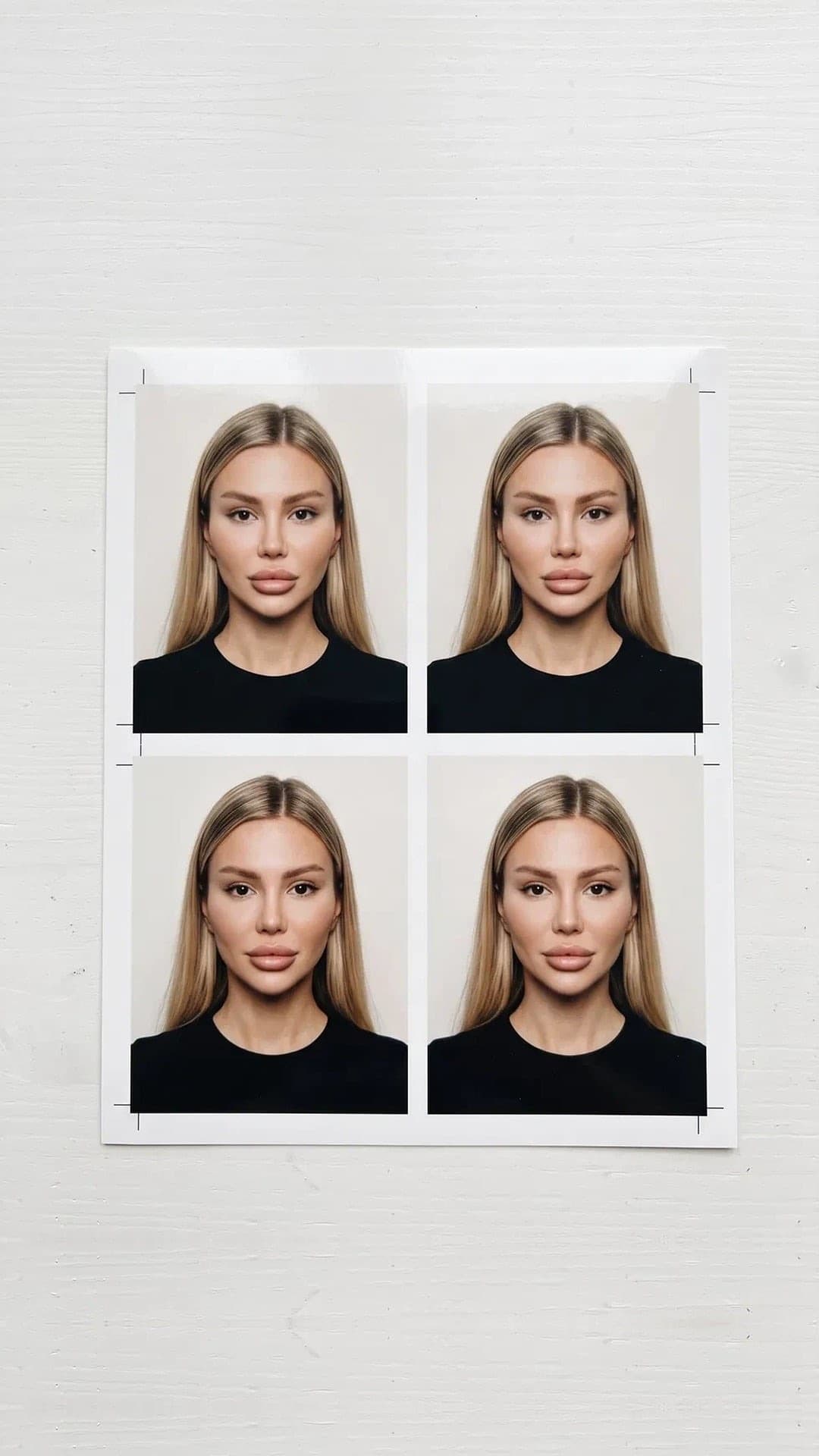 Glänzender Abzug auf einem weißen Tisch mit vier identischen Fotos von Kopf und Schultern einer blonden Frau im schwarzen T-Shirt