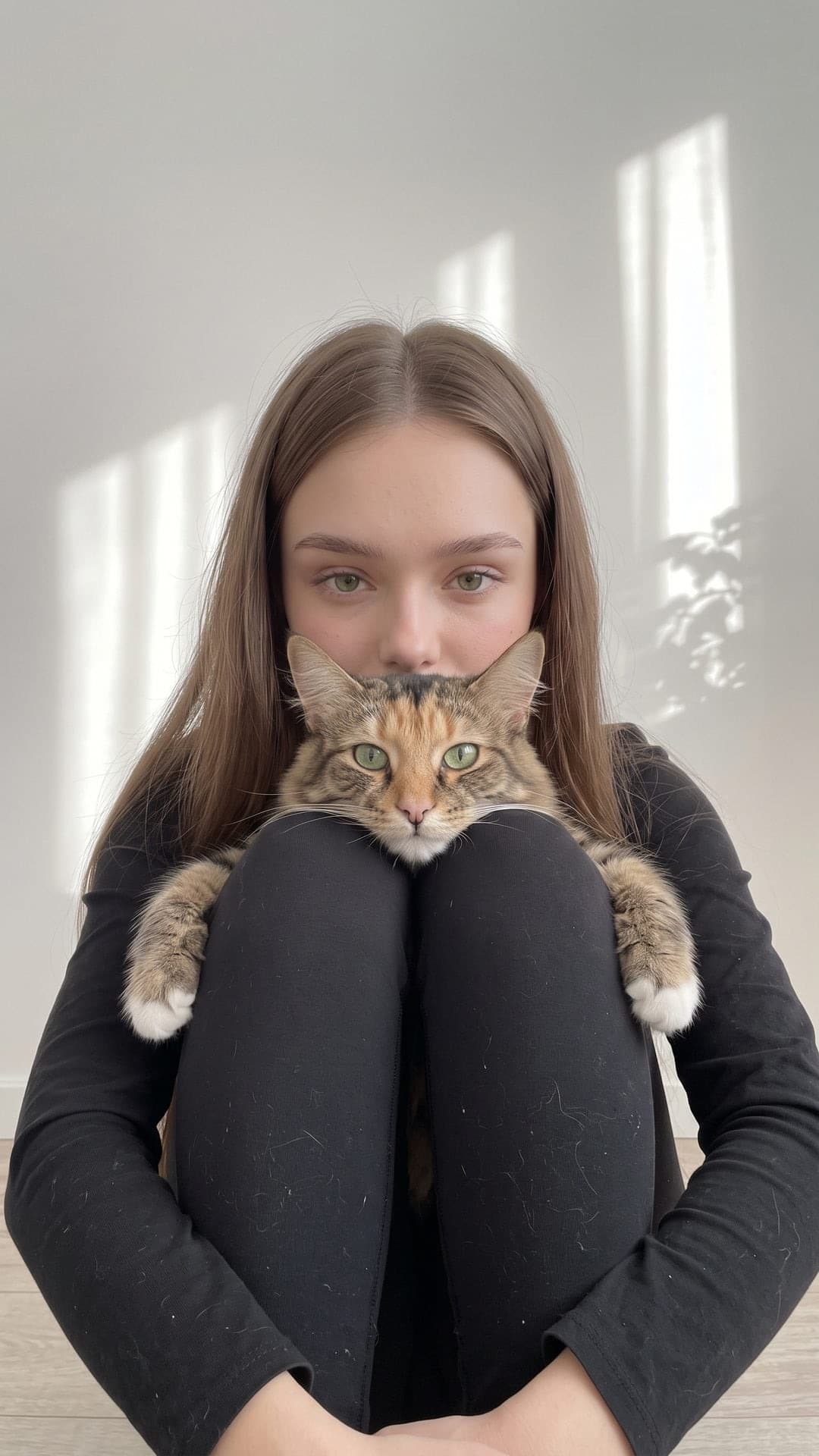 Eine getigerte Katze legt das Kinn auf die Knie einer jungen Frau, die Pfoten hängen drüber, darüber ihre Augen, dahinter eine weiße Wand