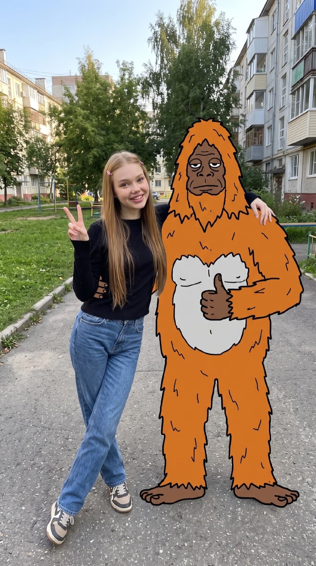 Handyschnappschuss einer lächelnden jungen Frau mit Peace-Zeichen neben einem flachen orangefarbenen Cartoon-Sasquatch, der den Daumen hebt