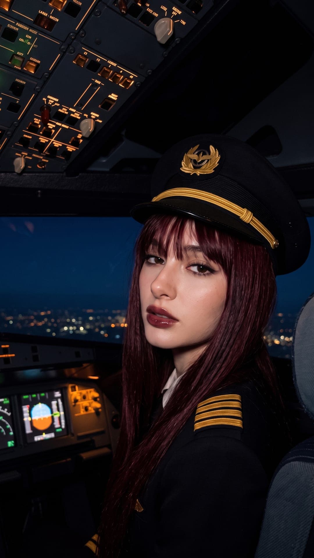 Frau mit roten Haaren in Pilotenmütze und Kapitänsjacke macht nachts ein dunkles Selfie im Cockpit