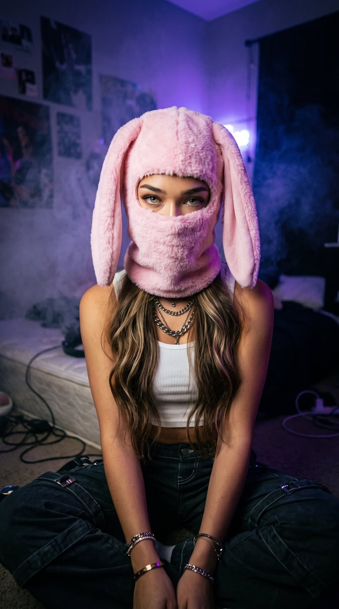 Junge Frau mit pinker Plüsch-Hasen-Sturmhaube, weißem Crop-Top und Cargohose sitzt auf dem Boden eines dunklen Zimmers mit lila Neonlicht