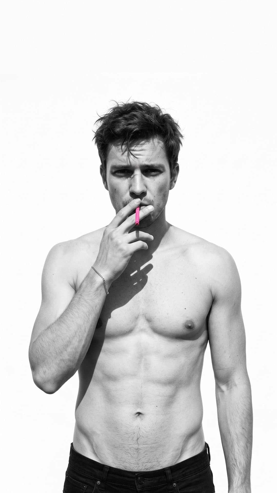 Schwarz-Weiß-Foto eines oberkörperfreien jungen Mannes mit zerzausten Haaren, der eine knallpinke Zigarette an die Lippen hält, vor Weiß