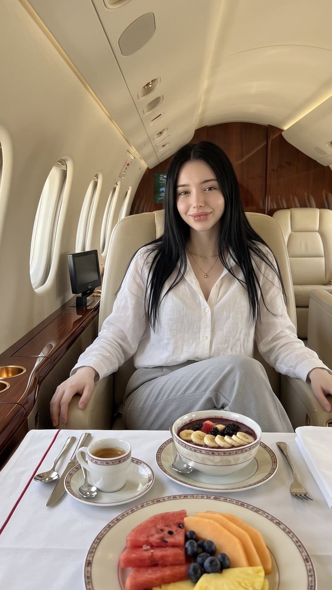 Junge Frau mit langen schwarzen Haaren lächelt in einem cremefarbenen Ledersitz in einem Privatjet, vor ihr ein Obstteller und eine Açaí-Bowl
