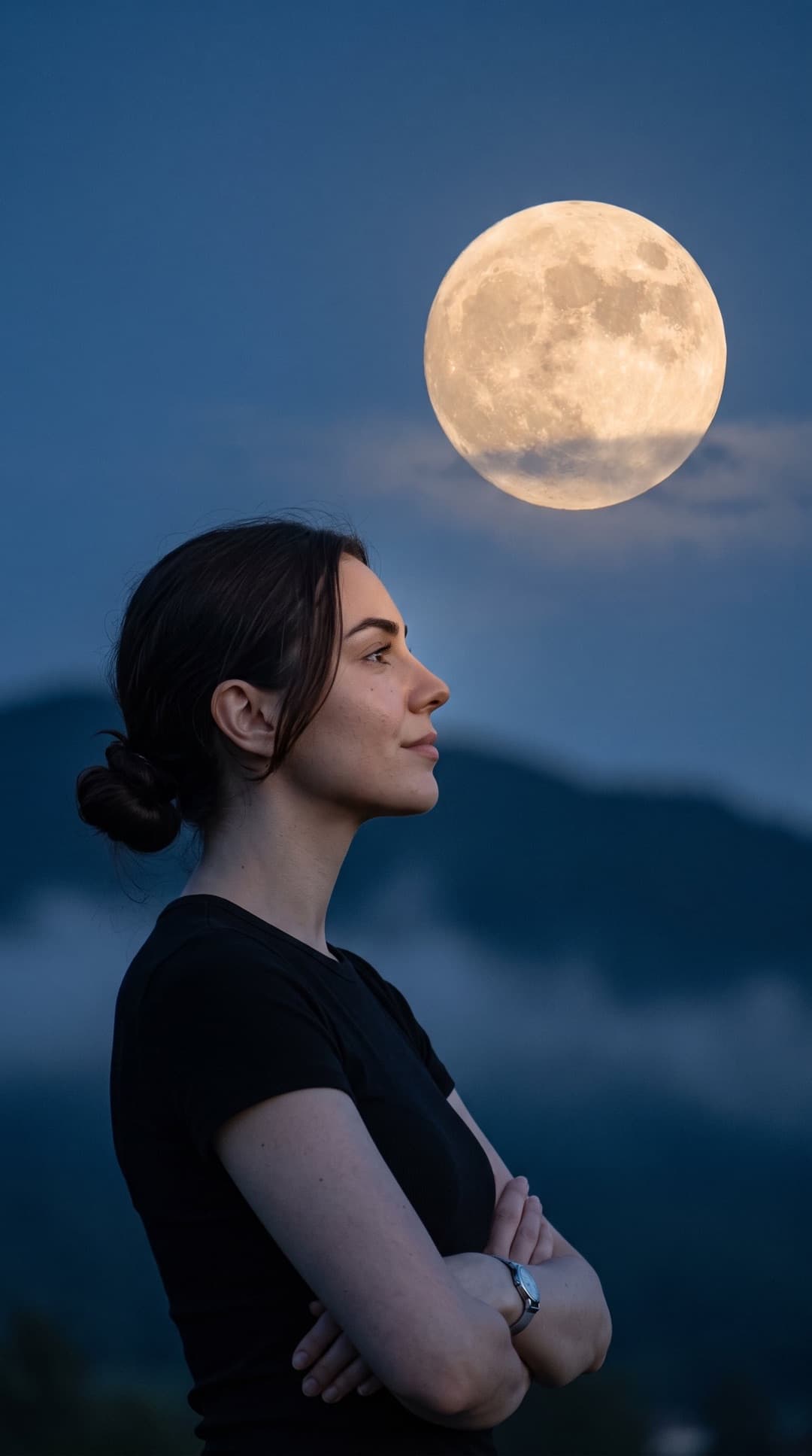 Profil einer jungen Frau mit tiefem Dutt, die in der Dämmerung zu einem riesigen goldenen Vollmond über nebligen Bergen hinaufblickt
