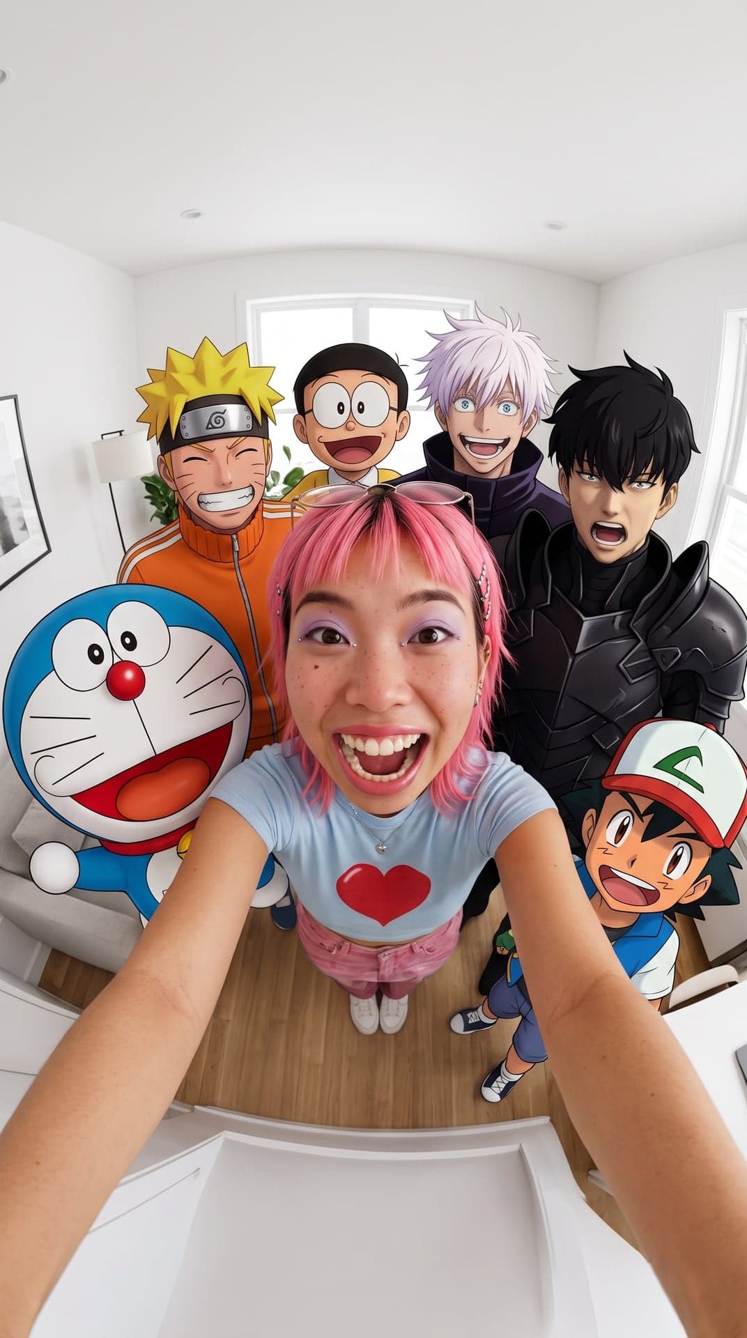 Frau mit pinken Haaren und Sommersprossen lacht in einem Fisheye-Selfie von oben in einem weißen Wohnzimmer, den Arm zur Linse ausgestreckt, hinter ihr drängen sich Doraemon, Nobita, Naruto, Satoru Gojo, Sung Jin-woo und Ash aus Pokémon, alle schneiden Grimassen