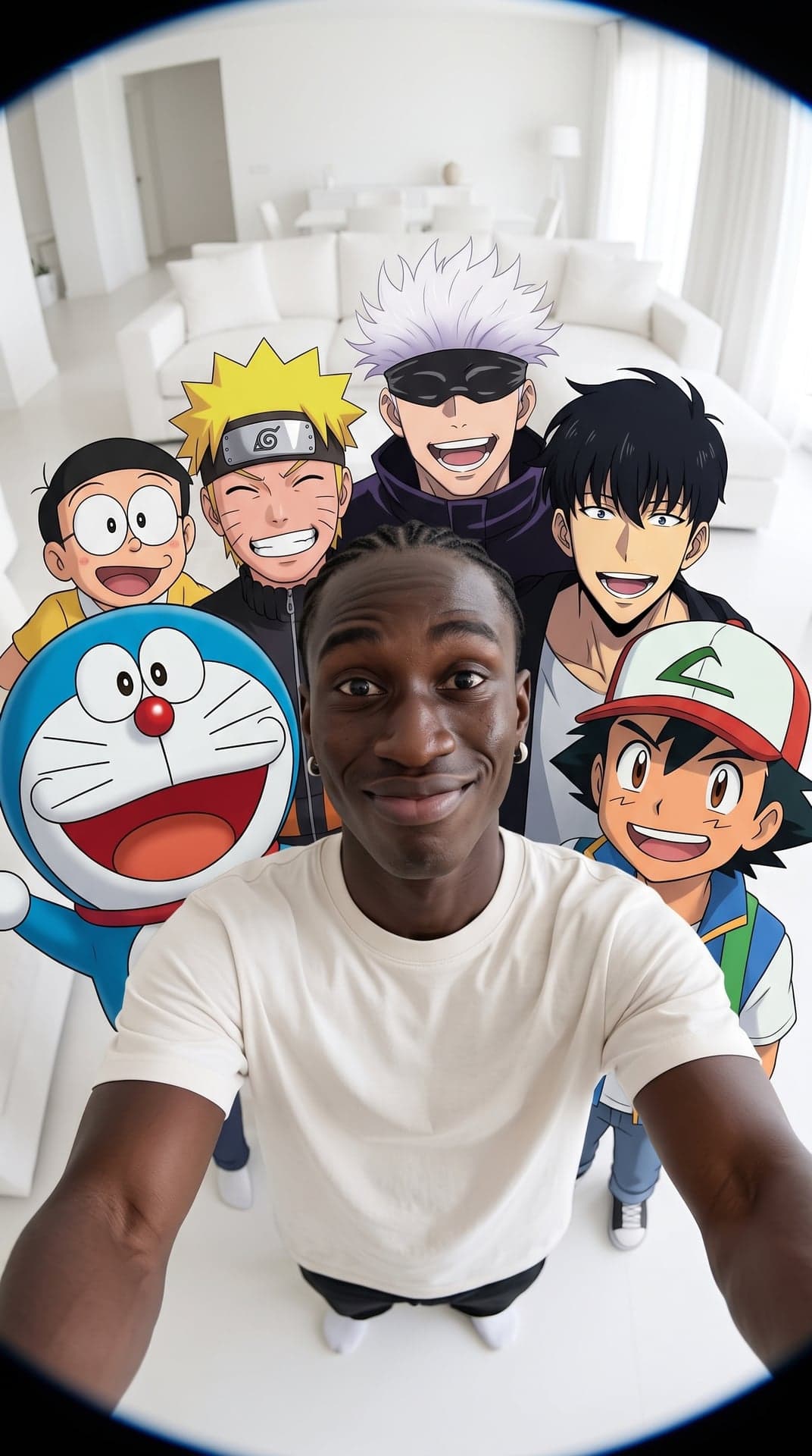 Uomo con treccine corte e piccoli orecchini a cerchio in un selfie fisheye dall’alto in un salotto bianco, il braccio teso verso l’obiettivo, con Doraemon, Nobita, Naruto, Satoru Gojo, Sung Jin-woo e Ash dei Pokémon che sorridono dietro di lui
