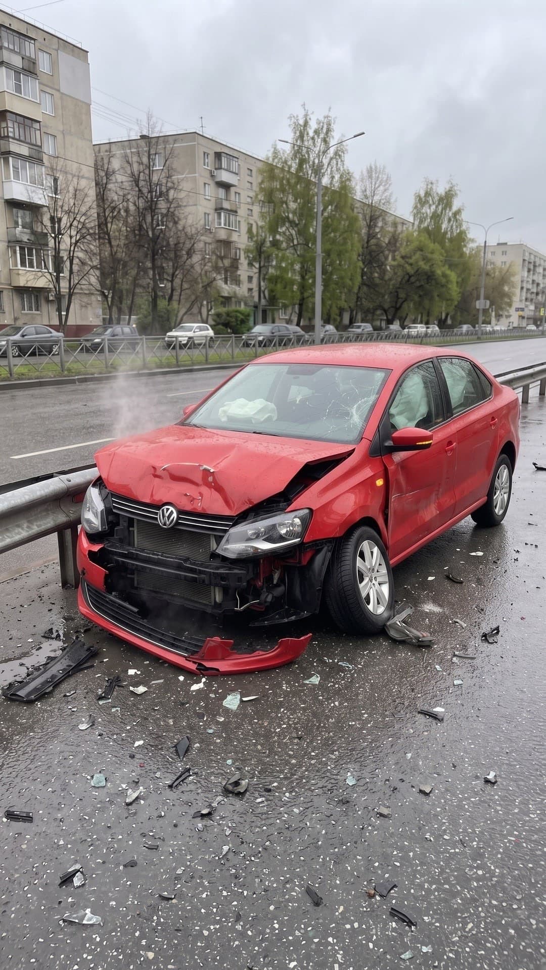 Roter Kompaktwagen mit zerknautschter Front, gesprungener Windschutzscheibe und Stoßstange auf der Straße nach dem Aufprall auf eine Leitplanke auf einer nassen Stadtstraße
