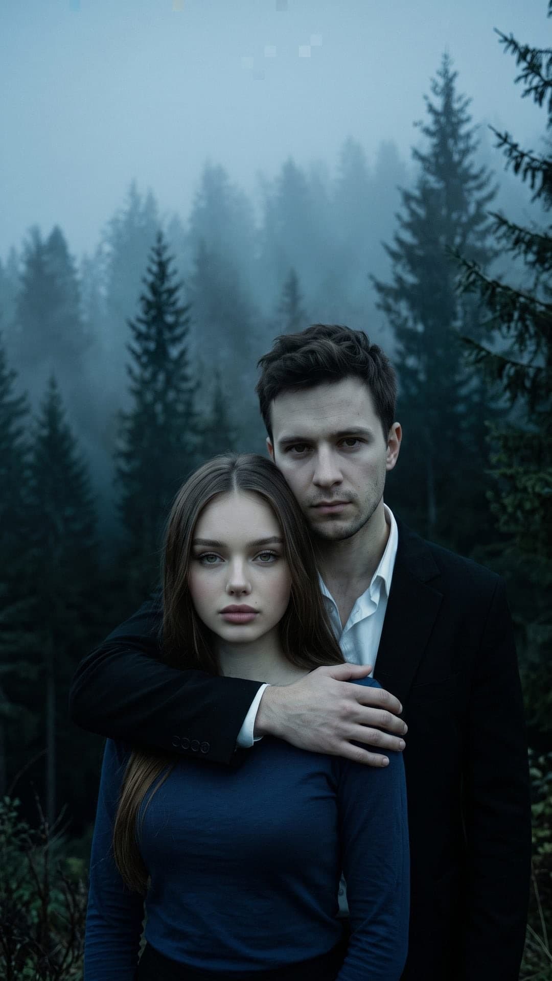 Düsteres Foto im Posterstil eines jungen Paares in einem nebligen Kiefernwald, der Mann hinter der Frau, den Arm über ihre Schultern gelegt