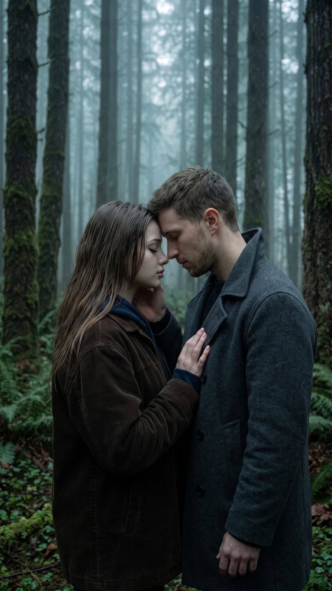 Foto wie ein Filmstill: ein junges Paar Stirn an Stirn mit geschlossenen Augen in einem nebligen, moosbewachsenen Kiefernwald