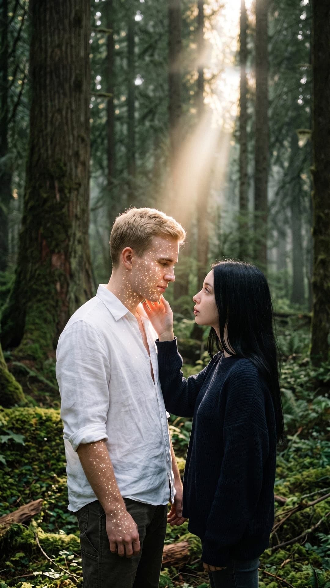 Foto wie ein Filmstill: Eine junge Frau berührt die funkelnde Wange eines jungen Mannes, der in einem nebligen Wald in einem Sonnenstrahl steht