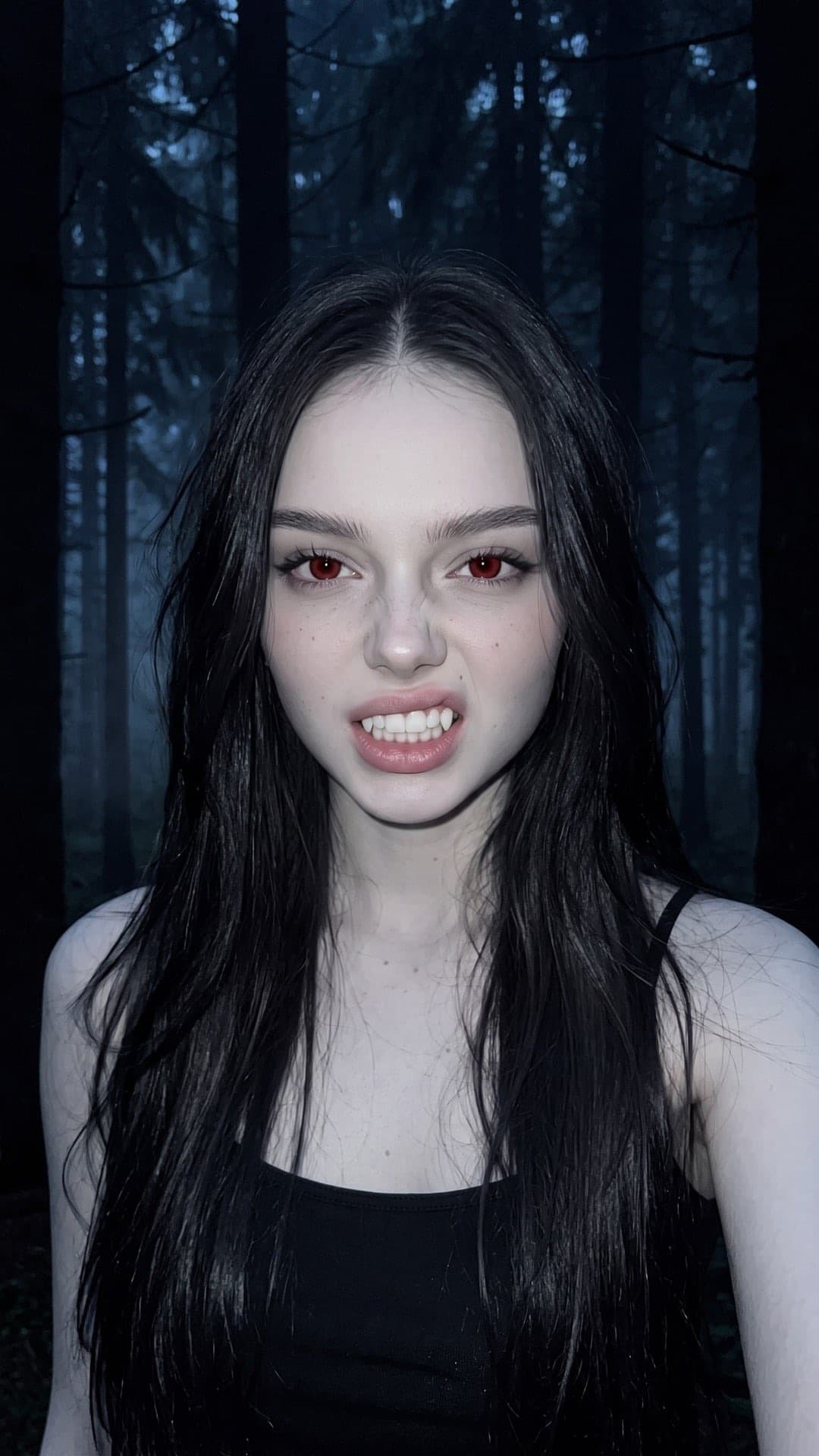 Nachtselfie einer blassen jungen Frau mit langen dunklen Haaren, roten Augen und Vampirzähnen in einem nebligen Fichtenwald
