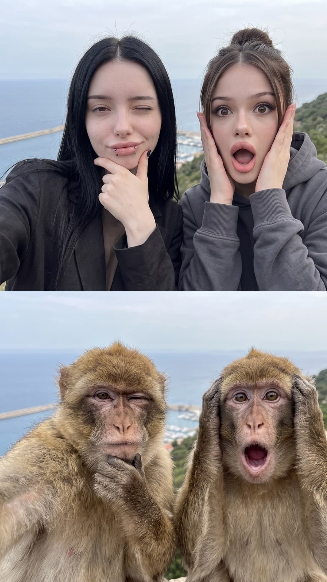 Zwei Fotos übereinander: Zwei junge Frauen schneiden in einem Selfie am Meer Grimassen, darunter zwei Affen, die dieselben Gesichter machen