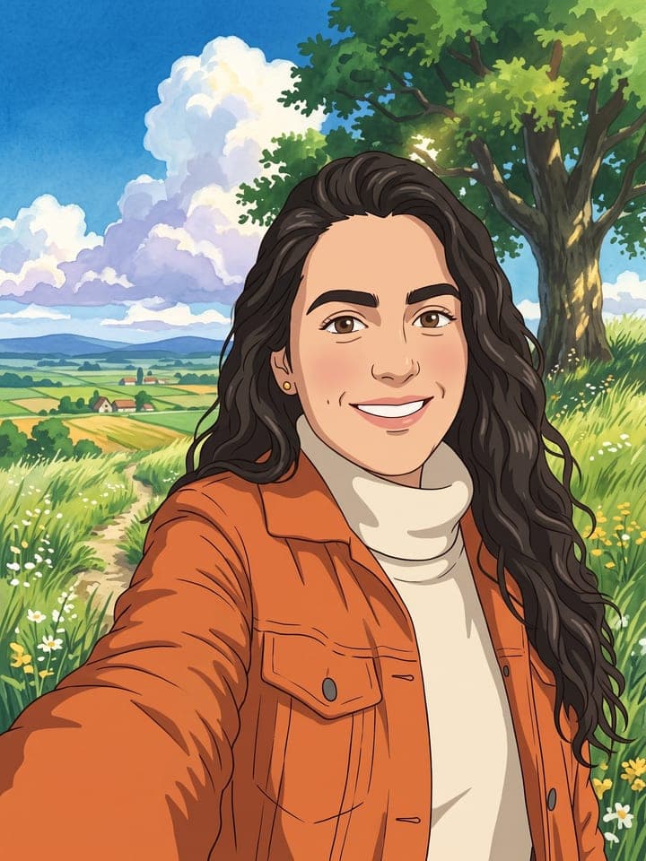 Handgemaltes Bild aus einem Anime-Film nach dem Selfie einer Frau: lange wellige dunkelbraune Haare, rostrote Cordjacke über cremefarbenem Rollkragenpulli, auf einer Sommerwiese unter einem großen belaubten Baum und hoch aufgetürmten Aquarellwolken