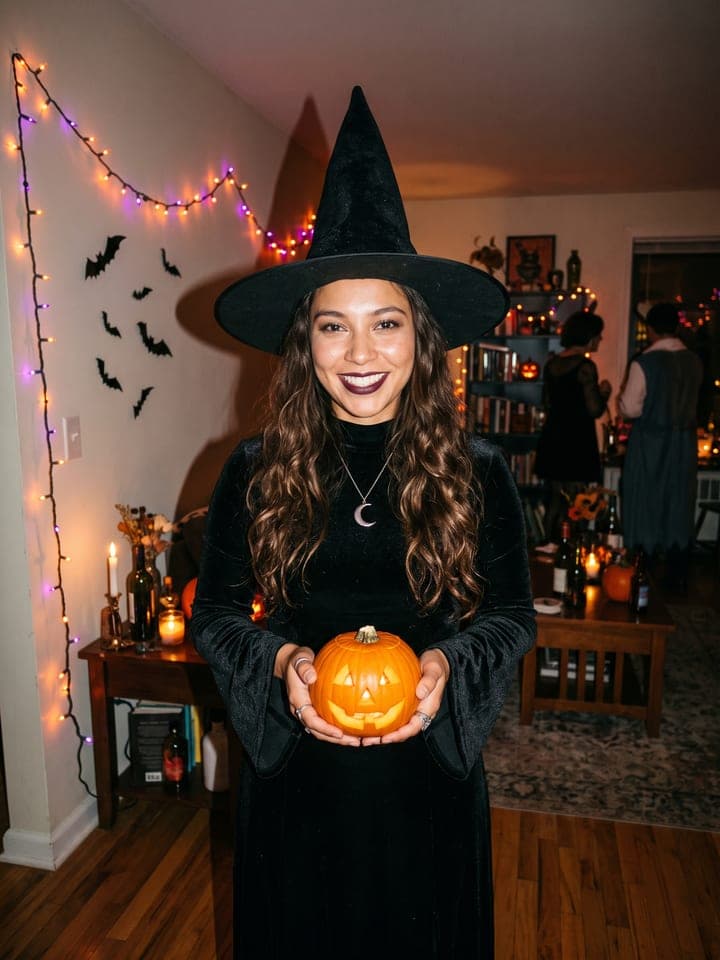 Lächelnde Frau mit schwarzem spitzem Hexenhut und Samtkleid hält eine geschnitzte Kürbislaterne, vom Kamerablitz beleuchtet, auf einer Halloween-Hausparty