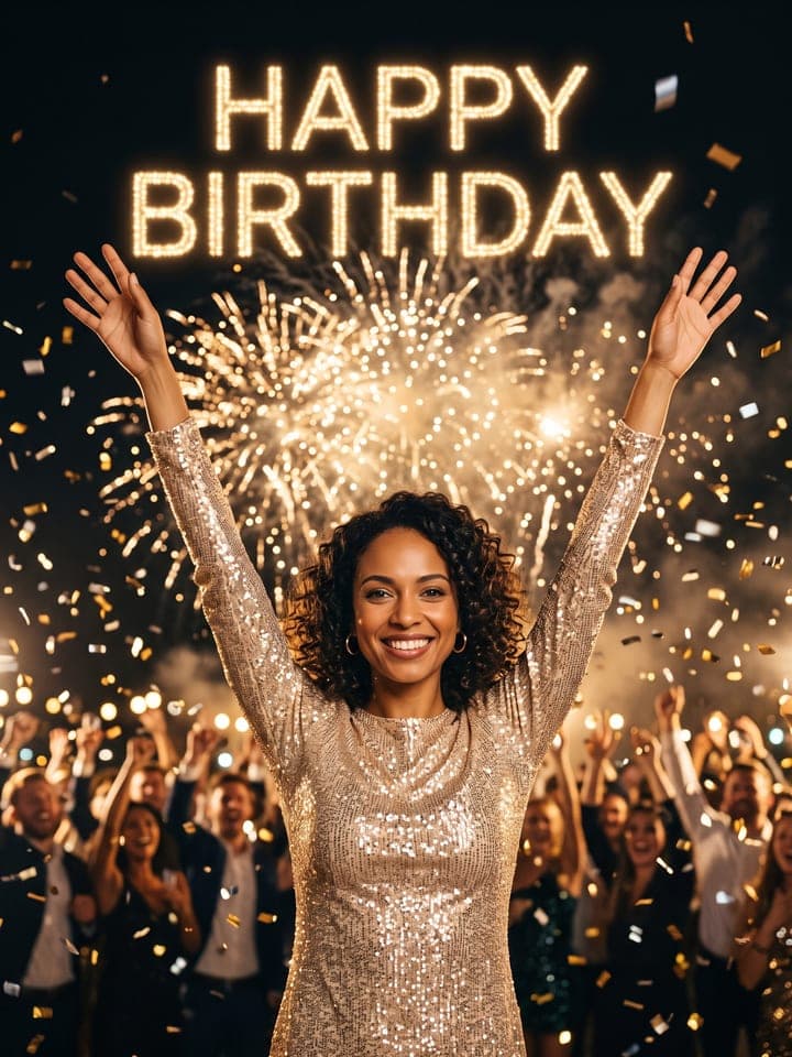 Geburtstagsporträt einer lächelnden Frau mit dunklen Locken im champagnerfarbenen Paillettenkleid, beide Arme hoch erhoben, während goldenes Feuerwerk und leuchtende HAPPY-BIRTHDAY-Lichtbuchstaben am Nachthimmel über ihr explodieren und dahinter eine jubelnde Menge feiert