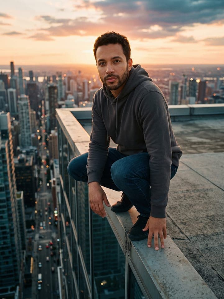 Filmisches Standbild eines Mannes mit kurzen dunklen Locken und getrimmtem Bart in anthrazitfarbenem Hoodie und Jeans, der zur goldenen Stunde am Rand eines gläsernen Hochhausdachs hockt, eine Hand auf dem Sims, tief unten eine dunstige Skyline