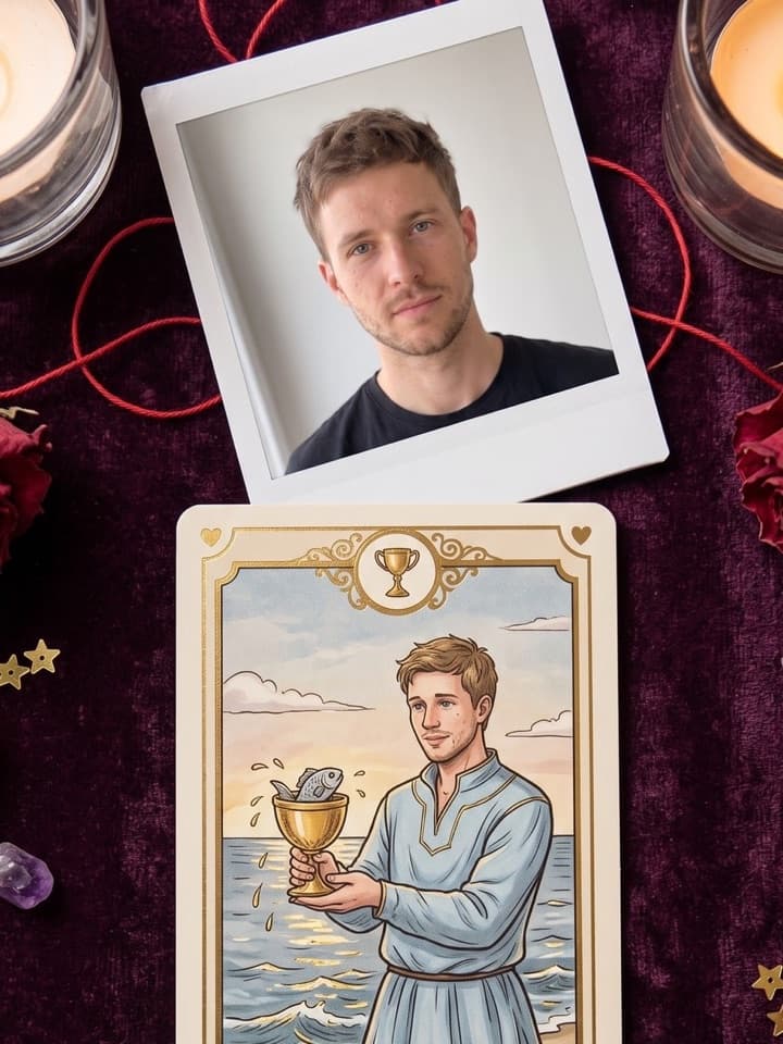 Ein Polaroid eines lächelnden jungen Mannes über einer Vintage-Tarotkarte mit einem Pagen, der einen goldenen Kelch hält, auf dunklem Samt mit Rosenblättern