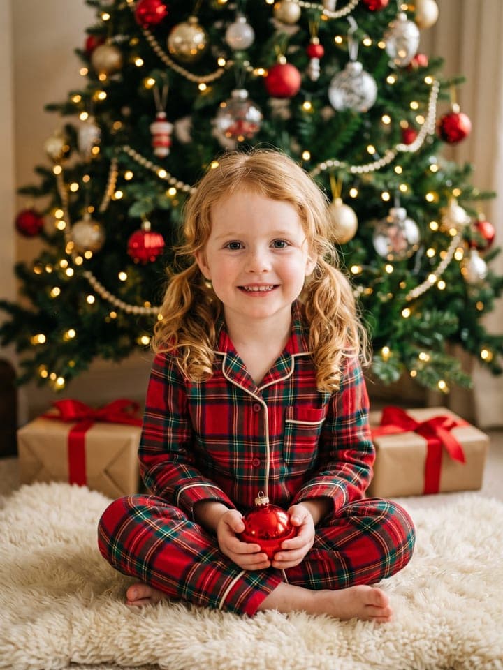 Kleines Mädchen mit rotblonden Zöpfen im rot-grün karierten Schlafanzug sitzt an einem beleuchteten Weihnachtsbaum, eine rote Glaskugel im Schoß