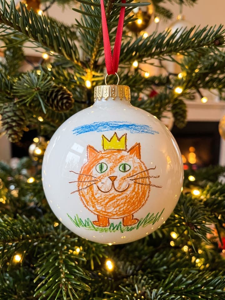 Weiße Glaskugel als Christbaumschmuck, bedruckt mit der Wachsmalzeichnung eines Kindes von einer orangefarbenen Katze mit gelber Krone, an einem beleuchteten Weihnachtsbaum