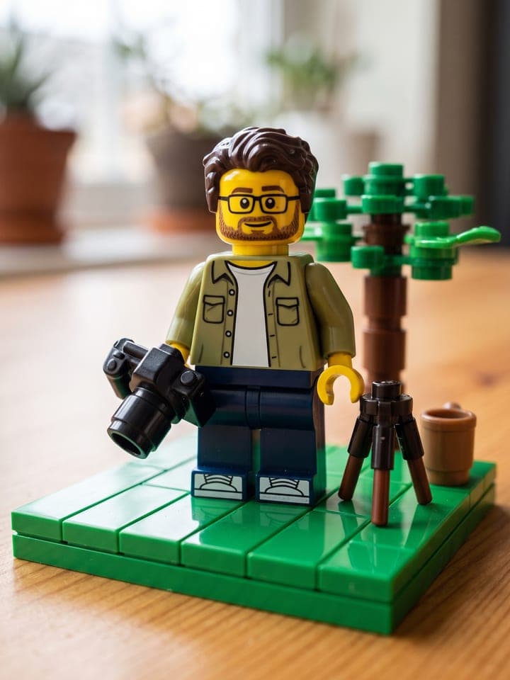 Makrofoto einer gelben Minifigur aus Spielzeugsteinen mit dunklen welligen Haaren, aufgedruckter Brille und kurzem Bart in olivfarbenem Overshirt über weißem T-Shirt, die eine winzige Kamera hält, daneben ein Stativ, eine Tasse und ein aus Steinen gebauter Baum auf einer glatten grünen Bauplatte