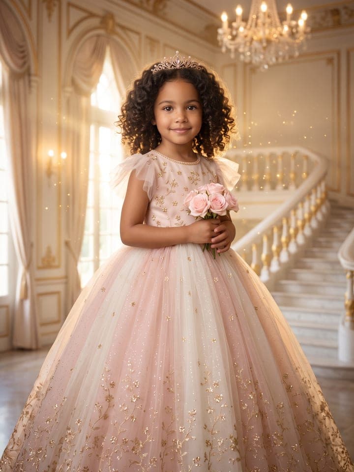 Märchenhaftes royales Porträt eines lächelnden kleinen Mädchens mit schulterlangen dunklen Locken und kleinem Perlendiadem in einem Tüll-Ballkleid in Zartrosa und Elfenbein mit winzigen goldenen Blüten, das rosa Rosen in einem sonnigen Palastsaal mit Kristallkronleuchter und weißer Marmortreppe hält