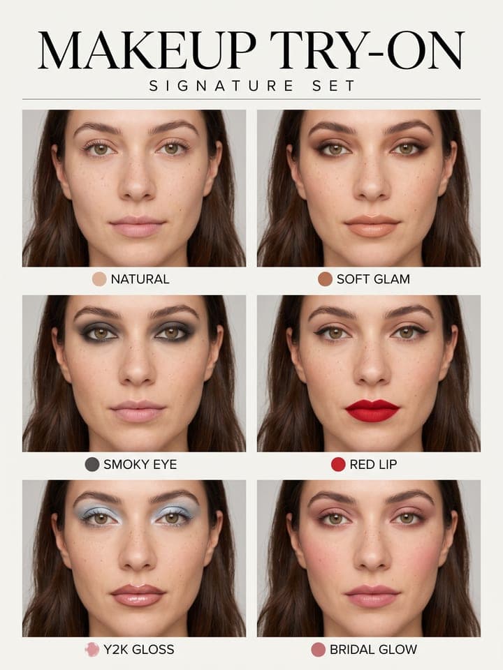 Beauty-Poster MAKEUP TRY-ON mit sechs Nahaufnahmen derselben Frau mit verschiedenen Make-up-Looks: natürlich, Soft Glam, Smokey Eyes, rote Lippen, Y2K-Gloss und Braut-Glow