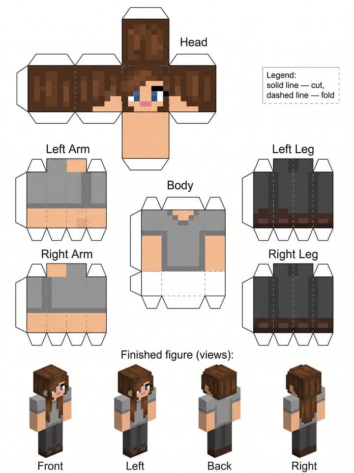 Bastelbogen im Minecraft-Stil mit einer braunhaarigen Figur im grauen T-Shirt: Schnittmuster für Kopf, Körper, Arme und Beine mit Falzlinien, eine Legende zum Schneiden und Falten und vier Ansichten der fertigen Figur