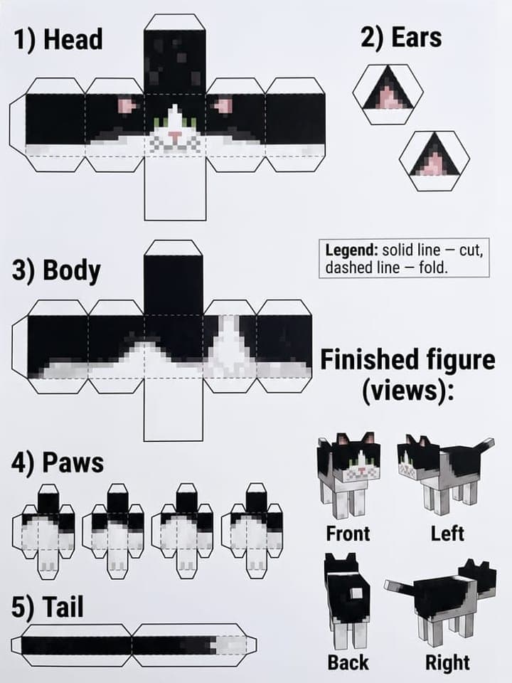 Gedruckter Minecraft-Bastelbogen einer Pixelkatze mit Schnittmustern für Kopf, Ohren, Körper, vier Pfoten und Schwanz