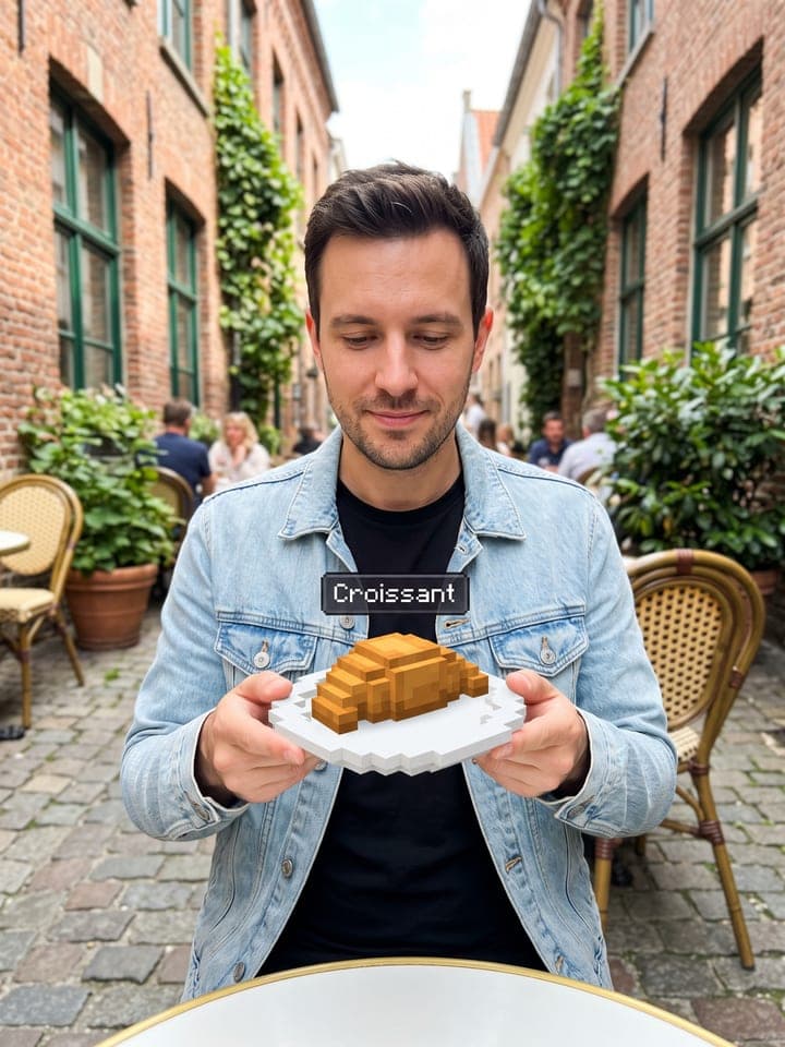 Mann in Jeansjacke in einem Straßencafé hält einen Teller mit einem kantigen Croissant im Minecraft-Stil und einem Tooltip „Croissant“