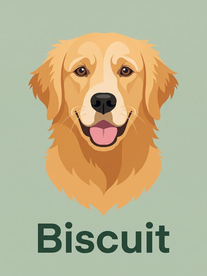 Minimalistische Flat-Illustration von Kopf und Brust eines Golden Retrievers auf salbeigrünem Hintergrund, darunter der Name Biscuit in großen dunkelgrünen Buchstaben