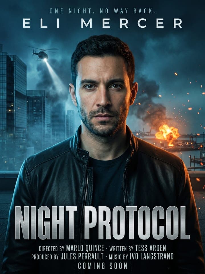 Actionthriller-Plakat: ein Mann mit dunklen Bartstoppeln in schwarzer Lederjacke starrt nachts auf einem Dach in die Kamera, dahinter ein Hubschrauberscheinwerfer und ein Feuer am Hafen, der Titel Night Protocol in riesigen metallischen Buchstaben