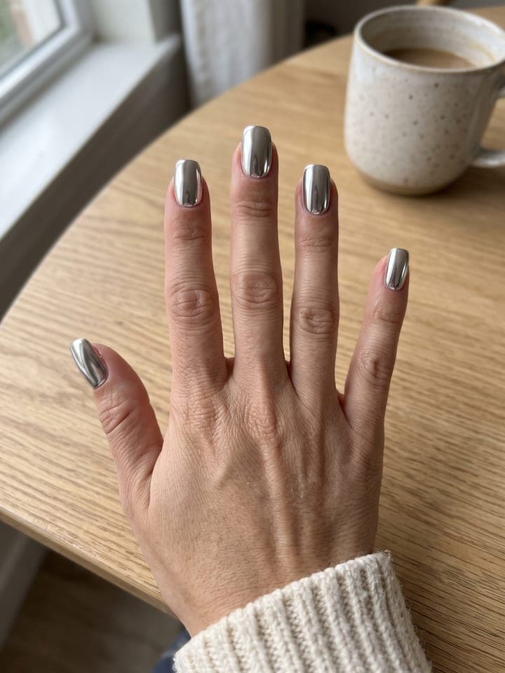 Die Hand einer Frau auf einem hellen Eichentisch am Fenster, ihre mittellangen Naturnägel mit frischer silberner Chrome-Maniküre in Spiegeloptik, die das Tageslicht reflektiert